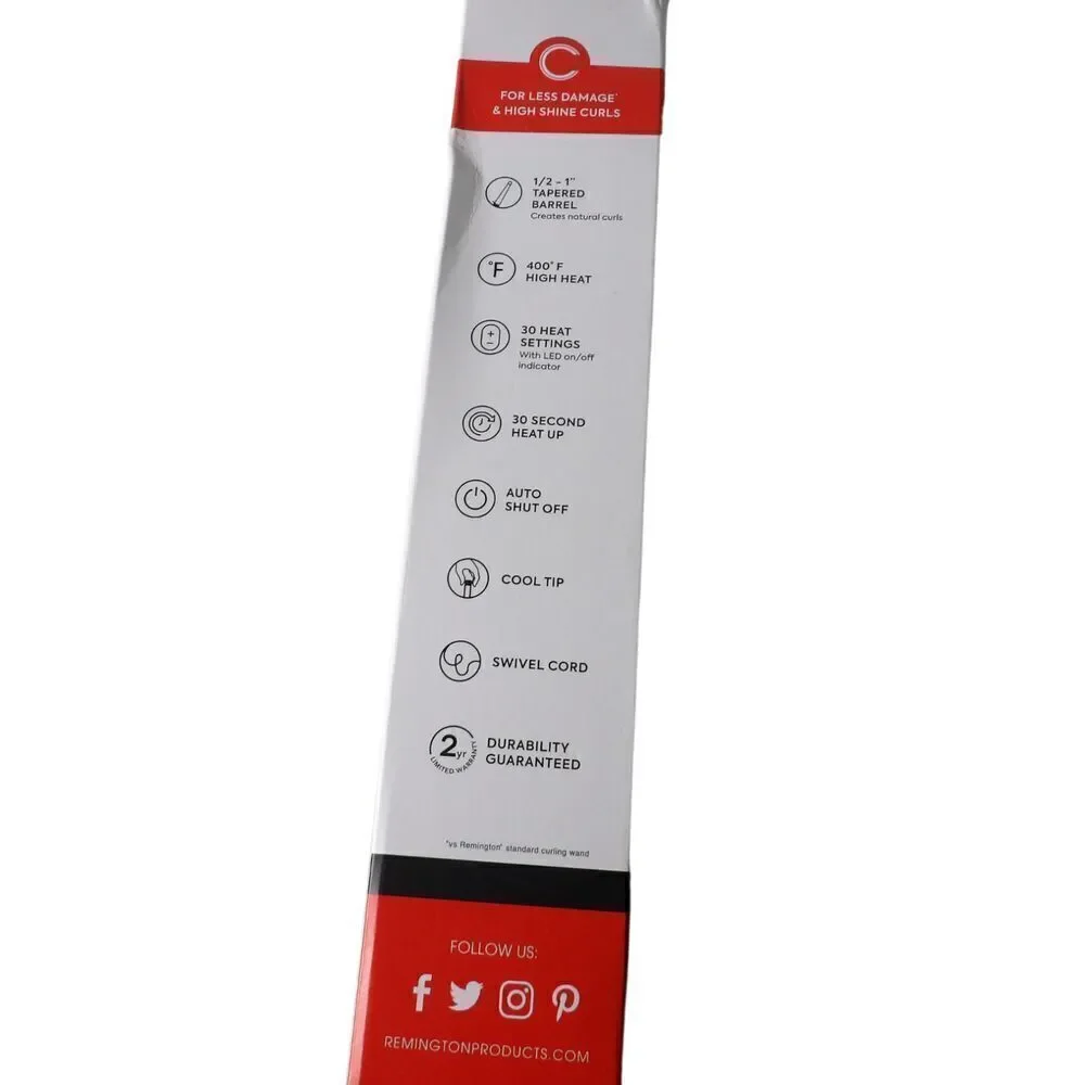 REMINGTON 1/2 -1' INCH‎ CERAMIC TAPERED WAND HAIR CURLING IRON 30 HEAT SETTINGS